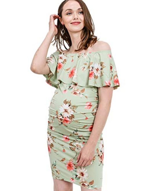 Hello MIZ Women's Floral Ruffle Off Shoulder Maternity Dress - Made in USA