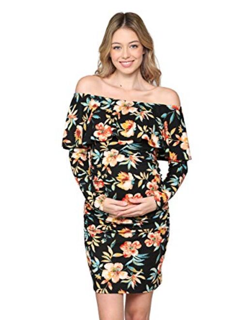 Hello MIZ Women's Floral Ruffle Off Shoulder Maternity Dress - Made in USA