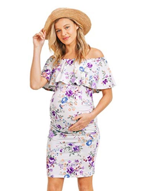 Hello MIZ Women's Floral Ruffle Off Shoulder Maternity Dress - Made in USA