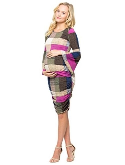 My Bump Women's Maternity Dress - Printed Fitted Stretch Bell Sleeve W/Ruched