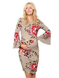 My Bump Women's Maternity Dress - Printed Fitted Stretch Bell Sleeve W/Ruched