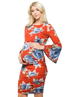 My Bump Women's Maternity Dress - Printed Fitted Stretch Bell Sleeve W/Ruched