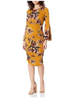 My Bump Women's Maternity Dress - Printed Fitted Stretch Bell Sleeve W/Ruched