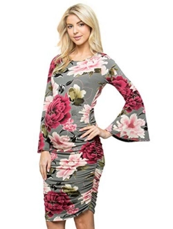 My Bump Women's Maternity Dress - Printed Fitted Stretch Bell Sleeve W/Ruched