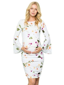 My Bump Women's Maternity Dress - Printed Fitted Stretch Bell Sleeve W/Ruched