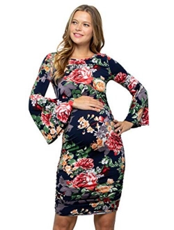 My Bump Women's Maternity Dress - Printed Fitted Stretch Bell Sleeve W/Ruched