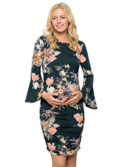 My Bump Women's Maternity Dress - Printed Fitted Stretch Bell Sleeve W/Ruched