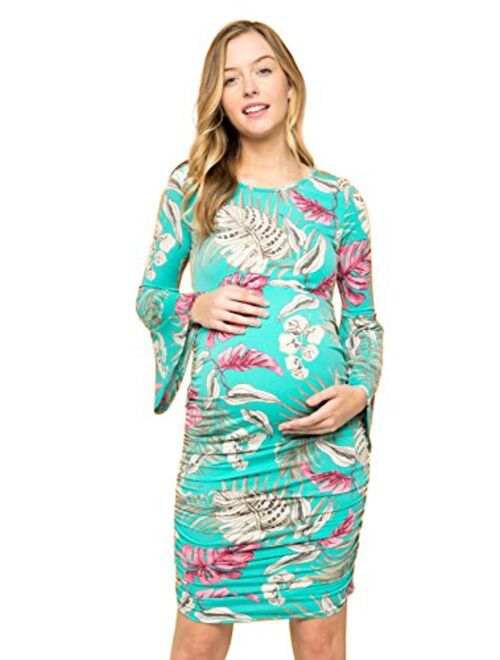 My Bump Women's Maternity Dress - Printed Fitted Stretch Bell Sleeve W/Ruched