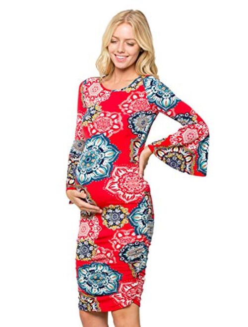 My Bump Women's Maternity Dress - Printed Fitted Stretch Bell Sleeve W/Ruched