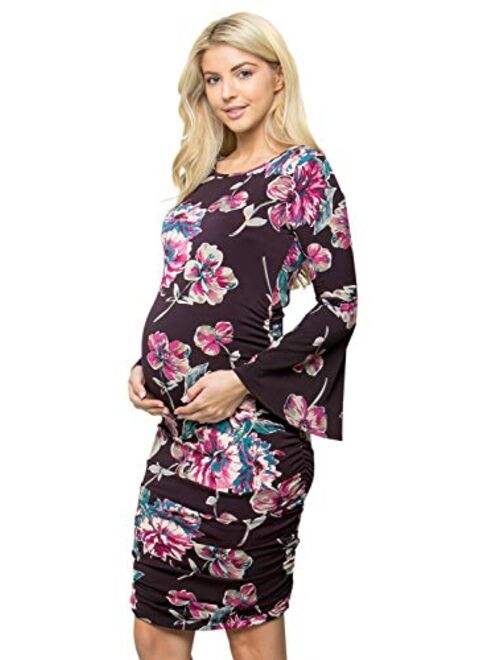 My Bump Women's Maternity Dress - Printed Fitted Stretch Bell Sleeve W/Ruched