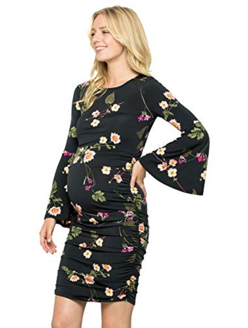 My Bump Women's Maternity Dress - Printed Fitted Stretch Bell Sleeve W/Ruched