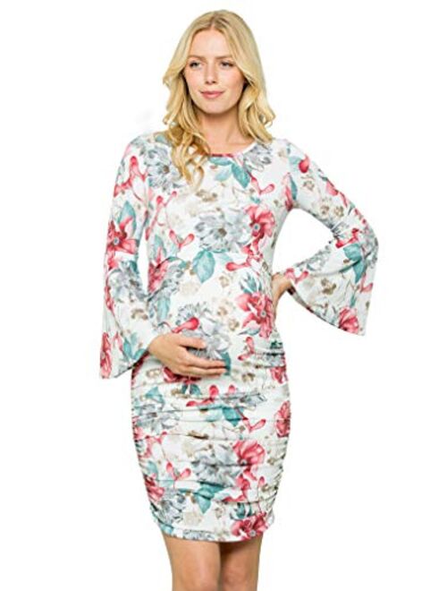 My Bump Women's Maternity Dress - Printed Fitted Stretch Bell Sleeve W/Ruched