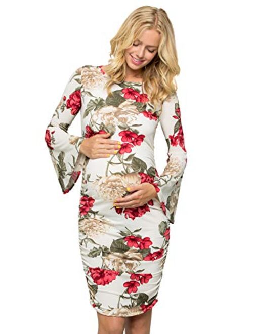 My Bump Women's Maternity Dress - Printed Fitted Stretch Bell Sleeve W/Ruched