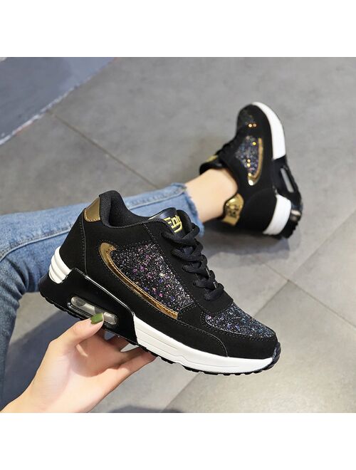 Women Lace Up Sneakers Glitter Autumn Flat Vulcanized Ladies Bling Casual Female Fashion Platform Plus Size Shoes 2020