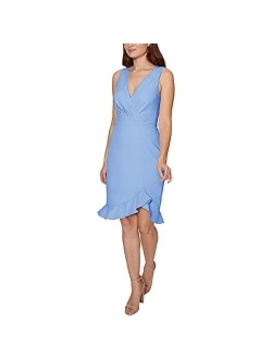 Women's Faux Wrap Top Scuba Crepe Midi Dress with Flounce