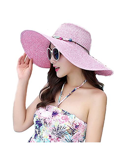 Women's Wide Brim Sun Protection Straw Hat,Folable Floppy Hat,Summer UV Protection Beach Cap