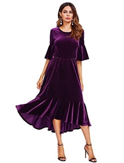 Women's Trumpet Sleeve Flounce Ruffle Hem Velvet Midi Dress