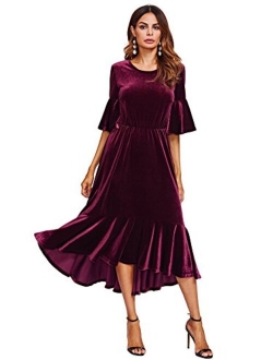 Women's Trumpet Sleeve Flounce Ruffle Hem Velvet Midi Dress