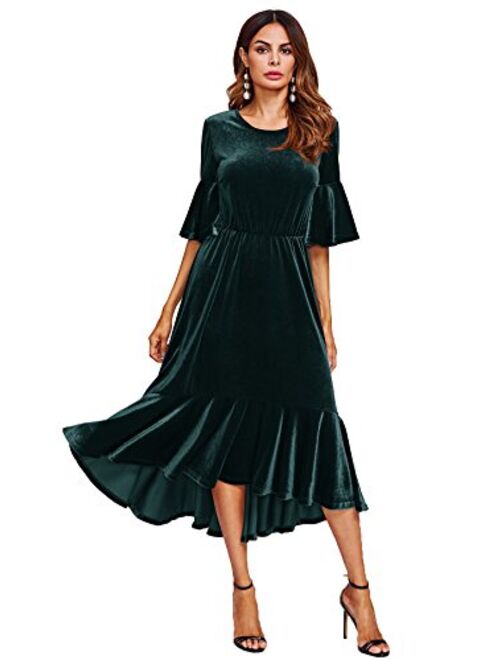 Floerns Women's Trumpet Sleeve Flounce Ruffle Hem Velvet Midi Dress