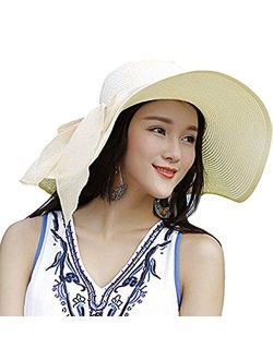 DRESHOW Womens Bowknot Straw Hat Foldable Beach Sun Hat Roll up UPF 50+