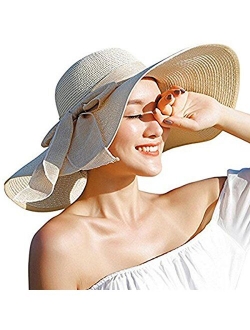 DRESHOW Womens Bowknot Straw Hat Foldable Beach Sun Hat Roll up UPF 50+