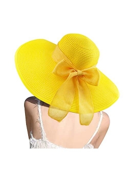 DRESHOW Womens Bowknot Straw Hat Foldable Beach Sun Hat Roll up UPF 50+