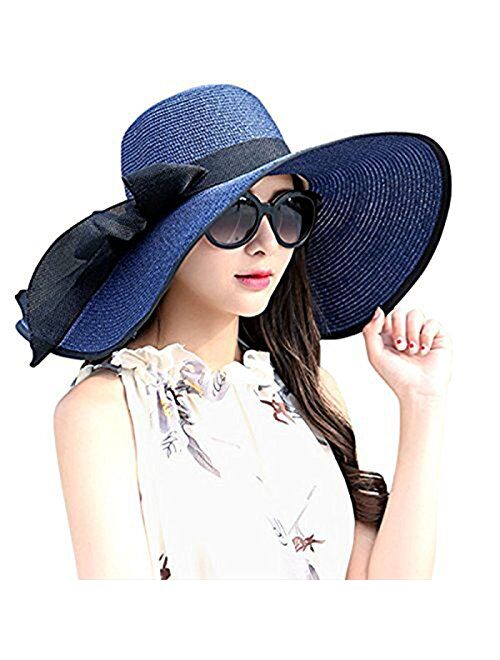 DRESHOW Womens Bowknot Straw Hat Foldable Beach Sun Hat Roll up UPF 50+