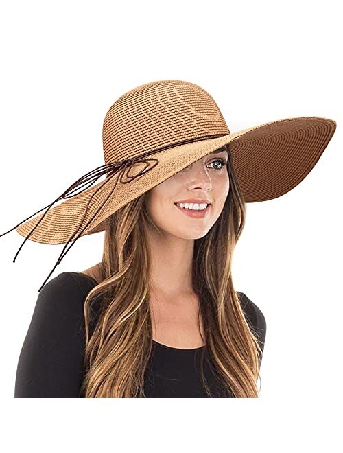 DRESHOW Womens Bowknot Straw Hat Foldable Beach Sun Hat Roll up UPF 50+