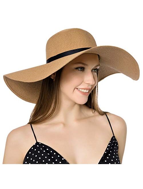 Muryobao Womens Wide Brim Straw Sun Hat Floppy Foldable Roll up Cap UPF 50+ Summer Beach Hats