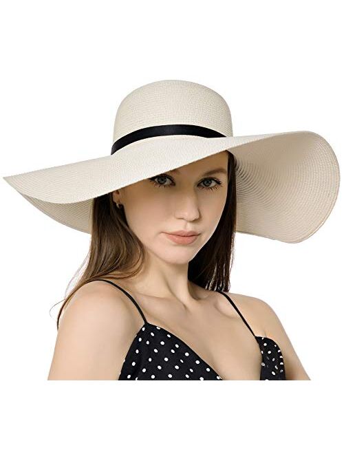 Muryobao Womens Wide Brim Straw Sun Hat Floppy Foldable Roll up Cap UPF 50+ Summer Beach Hats