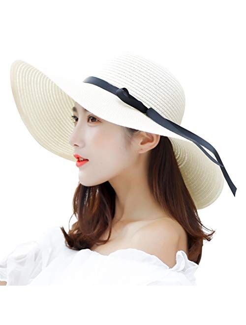 Muryobao Womens Wide Brim Straw Sun Hat Floppy Foldable Roll up Cap UPF 50+ Summer Beach Hats