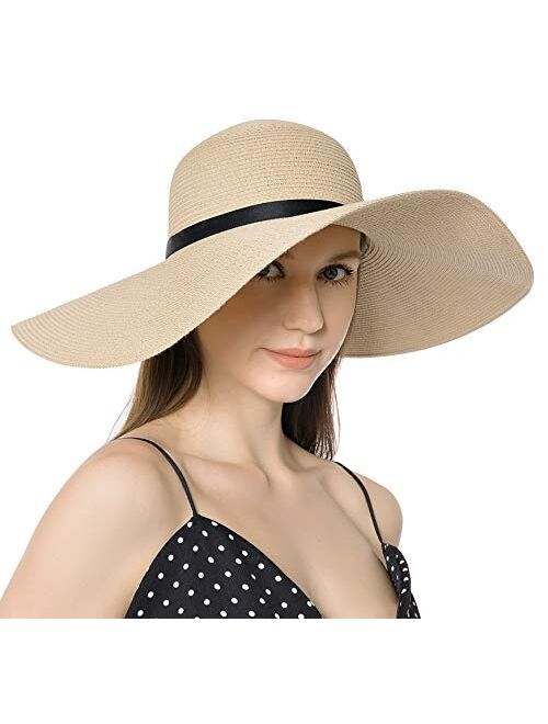 Muryobao Womens Wide Brim Straw Sun Hat Floppy Foldable Roll up Cap UPF 50+ Summer Beach Hats