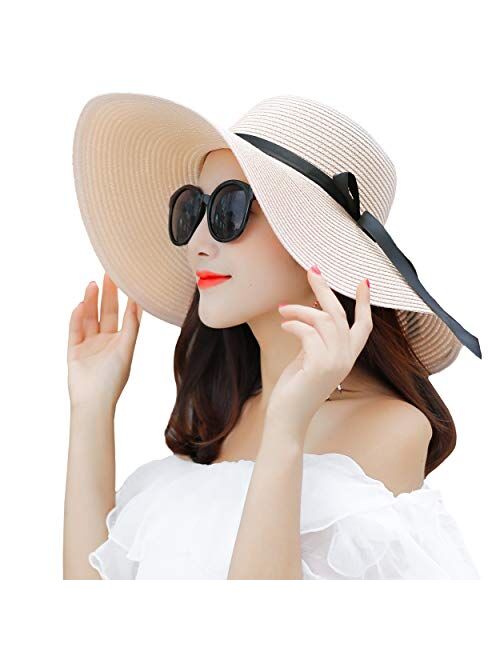 Muryobao Womens Wide Brim Straw Sun Hat Floppy Foldable Roll up Cap UPF 50+ Summer Beach Hats