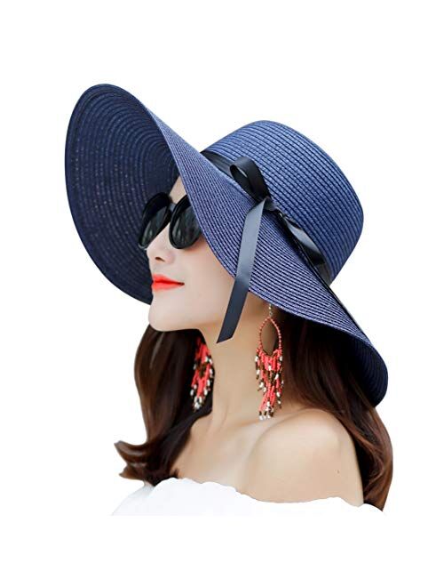 Muryobao Womens Wide Brim Straw Sun Hat Floppy Foldable Roll up Cap UPF 50+ Summer Beach Hats