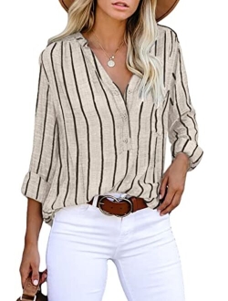 Astylish Womens V Neck Striped Roll up Sleeve Button Down Blouses Tops