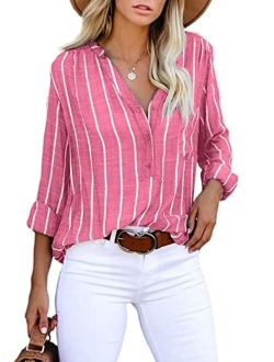 Astylish Womens V Neck Striped Roll up Sleeve Button Down Blouses Tops