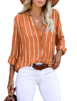 Astylish Womens V Neck Striped Roll up Sleeve Button Down Blouses Tops