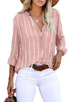 Astylish Womens V Neck Striped Roll up Sleeve Button Down Blouses Tops