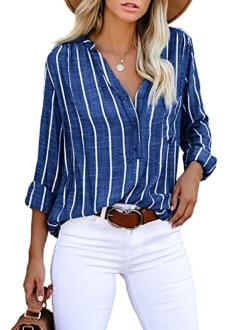 Astylish Womens V Neck Striped Roll up Sleeve Button Down Blouses Tops