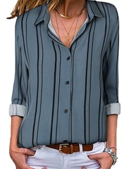 Astylish Womens V Neck Striped Roll up Sleeve Button Down Blouses Tops