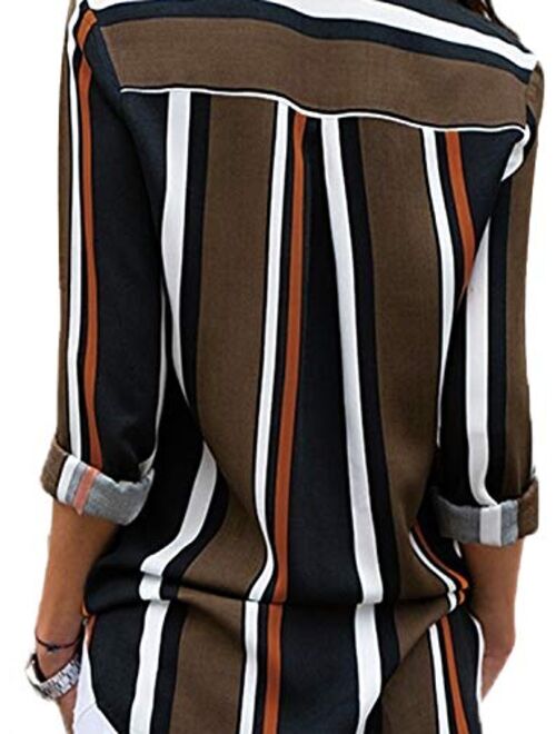 Astylish Womens V Neck Striped Roll up Sleeve Button Down Blouses Tops