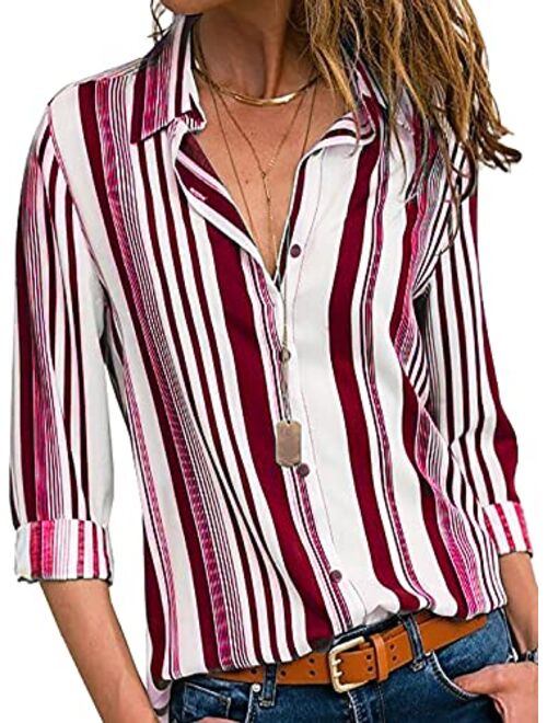 Astylish Womens V Neck Striped Roll up Sleeve Button Down Blouses Tops