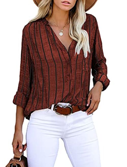 Astylish Womens V Neck Striped Roll up Sleeve Button Down Blouses Tops