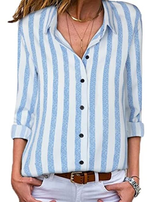 Astylish Womens V Neck Striped Roll up Sleeve Button Down Blouses Tops