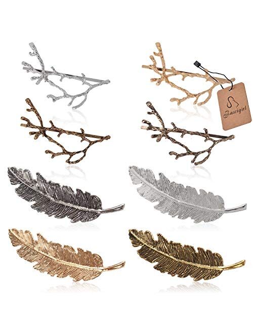 Womens Barrettes, Fascigirl 8pcs Metal Hairpins Gold Silver Butterfly Hair Clips for Girls Tree Branch Alloy Geometrical Moon Circle Bowknot Hair Circle Barrettes (Branch