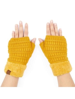 C.C Fingerless Gloves Fuzzy Lined Knit Wrist Warmer Solid Ribbed Glove (FLG-25)