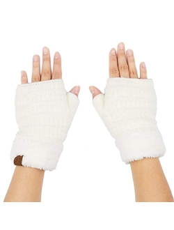 C.C Fingerless Gloves Fuzzy Lined Knit Wrist Warmer Solid Ribbed Glove (FLG-25)