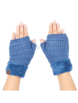 C.C Fingerless Gloves Fuzzy Lined Knit Wrist Warmer Solid Ribbed Glove (FLG-25)