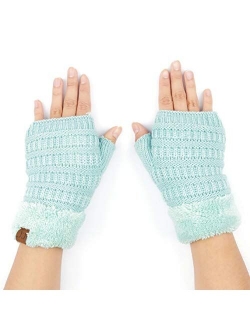 C.C Fingerless Gloves Fuzzy Lined Knit Wrist Warmer Solid Ribbed Glove (FLG-25)