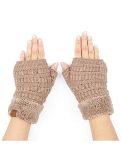 C.C Fingerless Gloves Fuzzy Lined Knit Wrist Warmer Solid Ribbed Glove (FLG-25)